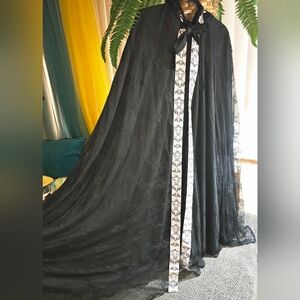 Black Gothic Witch Cloak Hooded Cape Damask Trim Heavy Dramatic Dark Romantic